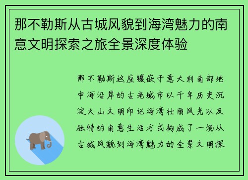 那不勒斯从古城风貌到海湾魅力的南意文明探索之旅全景深度体验
