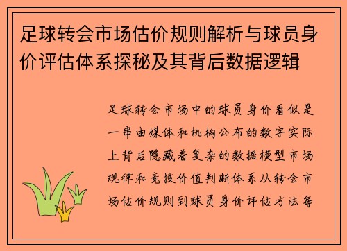 足球转会市场估价规则解析与球员身价评估体系探秘及其背后数据逻辑